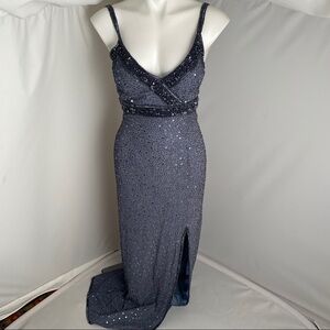 Scala blue gray silk beaded evening gown with slit M